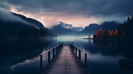 A dock on a lake with mountains