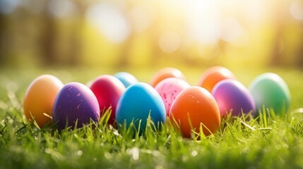 Easter celebration with vibrant spring scene and lush green grass on white or yellow backdrop