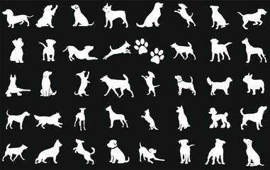 dog, dogs, pet, canine, Dog Breeds Vector Illustration Set, white silhouettes of different dog breeds, perfect for pet lovers, dog owners, and animal enthusiasts.