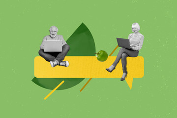 Collage two elderly people together online chatting remote texting dialogue using modern technologies laptops isolated on green background