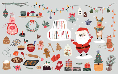 Christmas time elements collection with  winter seasonal design, vector illustration, backing tools, Santa and Christmas tree
