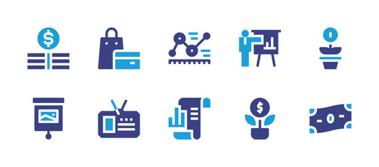 Business icon set. Duotone color. Vector illustration. Containing money, presentation, growth, shopping, investment, chart, analytics, id card.