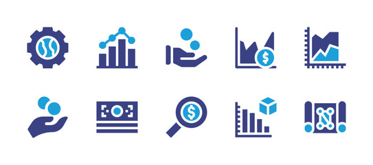 Business icon set. Duotone color. Vector illustration. Containing hand, search, statistics, area chart, cash, flow chart, settings, value, coins, graph.