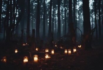 Graveyard in spooky death Forest At Halloween Night