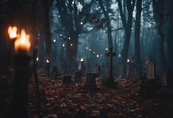 Graveyard in spooky death Forest At Halloween Night