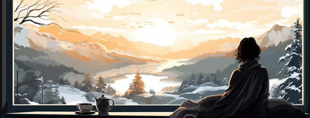 Wide horizontal illustration of a lady sitting backward to the camera near a window in evening sundown background with mountain landscape outside  