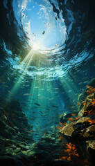 a school of storm fish, like a whirlpool, the blue sea bottom. AI generative