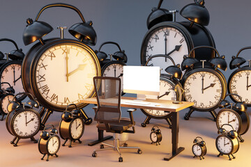 office workplace on infinite background surrounded by huge alarm clocks bell; workload stress burnout concept; 3D Illustration