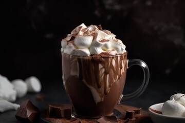 A messy cup with hot chocolate, whipped cream, marshmallows, close up.  Generative AI