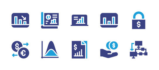 Business icon set. Duotone color. Vector illustration. Containing bar chart, chart, uml, loss, report, padlock, coin, loan, payment.