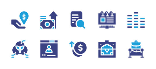 Business icon set. Duotone color. Vector illustration. Containing benefits, video conference, location pin, pie chart, billboard, chest, stack, promotion, analysis, growth.