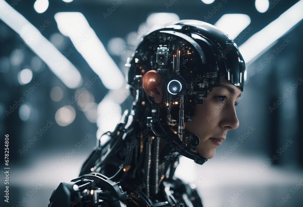 Poster person talking with robotic ai futuristic technology or machine learning concepts technology