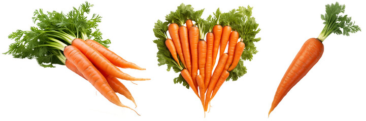 Carrot collection, single one, bundle and forming a heart, isolated on transparent background, vegetable set - obrazy, fototapety, plakaty