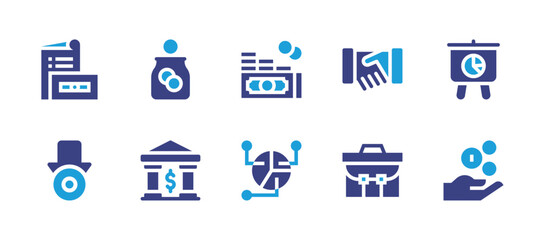 Business icon set. Duotone color. Vector illustration. Containing pie, analysis, profit, exchange, peso, money bag, chart, challenge, graph, teamwork.