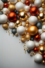 hristmas frame with yellow and red balls, golden festoons. AI generative