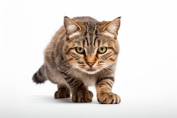 Fototapeta premium Tabby Cat Stalking on a White Background. Beautiful feline portrait.