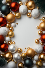 hristmas frame with yellow and red balls, golden festoons. AI generative