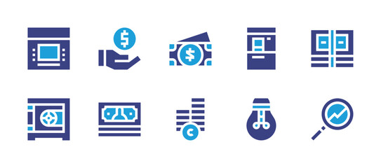 Business icon set. Duotone color. Vector illustration. Containing atm, safebox, lightbulb, banknotes, research, payment method, money.
