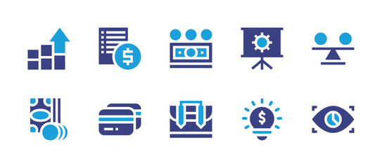 Business icon set. Duotone color. Vector illustration. Containing bar chart, presentation, price list, stability, credit card, monitoring, cash, portfolio, money, lamp.