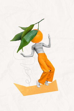 Naklejki Creative poster collage of young female dancing orange instead head tangerine cook eat food surrealism template metaphor artwork concept