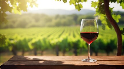 wine glass with red wine on a wooden table overlooking a vineyard in clear weather. raw materials...