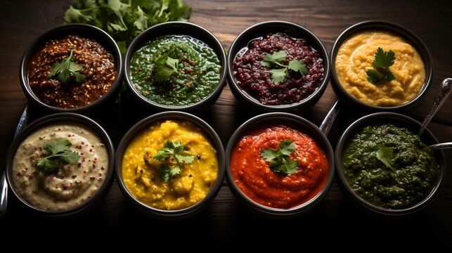Colorful Sauce Varieties on Wooden Background