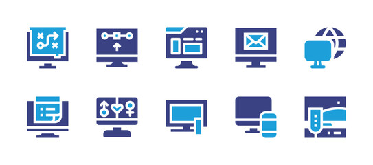 Computer screen icon set. Duotone color. Vector illustration. Containing graphic design, email, dating, responsive, strategy, website, browsing, notes, tv.