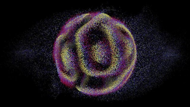 3D colored sphere with stream of digital particles on black background. Abstract concept of artificial intelligence, neural network or big data analysis. Flowing digital dust motion, 4K looped video