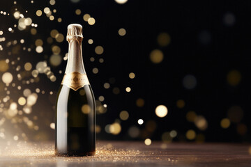 Bottle of champagne with golden bokeh lights on black background.
