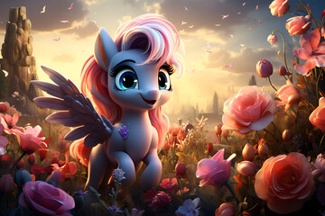 Fototapeta na wymiar Cartoon fairy unicorn in a magical forest among flowers generated AI