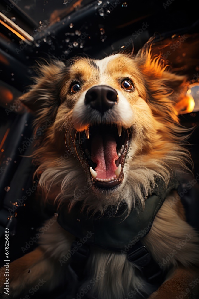 Poster curious canine with an open mouth enjoying a car ride generative ai