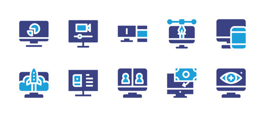 Computer screen icon set. Duotone color. Vector illustration. Containing monitor, responsive, startup, video call, augmented reality, payment, live stream, book.