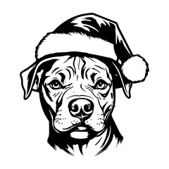 Cute American pit bull Dog wearing Santa hat head, Christmas illustration, Generative AI.