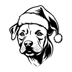 Cute American pit bull Dog wearing Santa hat head, Christmas illustration, Generative AI.