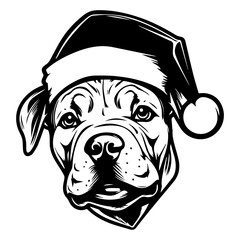 Cute American pit bull Dog wearing Santa hat head, Christmas illustration, Generative AI.