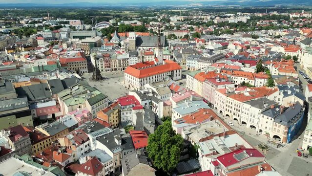 Olomouc, Czech Republic. European Architecture. Landmarks during Sunny Cloudy Day in Europe. Historical city Olomouc, drone aerial view. Gothic church, city town hall Olomouc Saint Wenceslas Cathedral