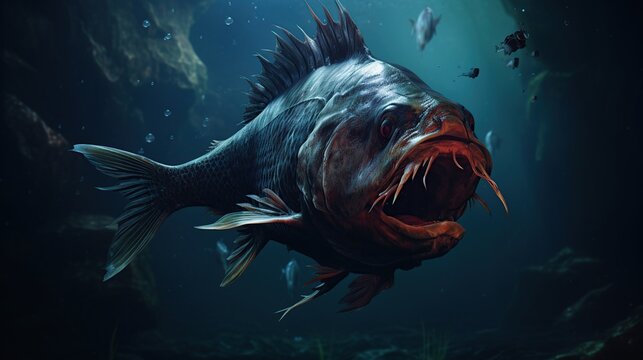 Piranha monster fish underwater killer zombie fish on dramatic background