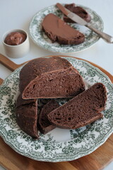 chocolate sourdough bread on a plate