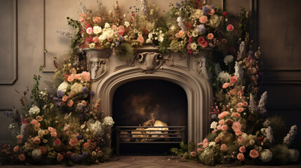 Fototapeta na wymiar A fireplace with a bunch of flowers