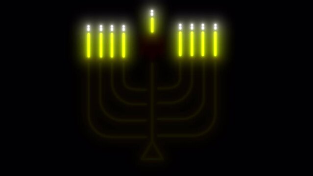 Jewish neon candle holder with flicker on black screen. Bright animation for the celebration of Hannukah and Jewish culture and religion. Stock candles with the Star of David in 4K with alpha channel.