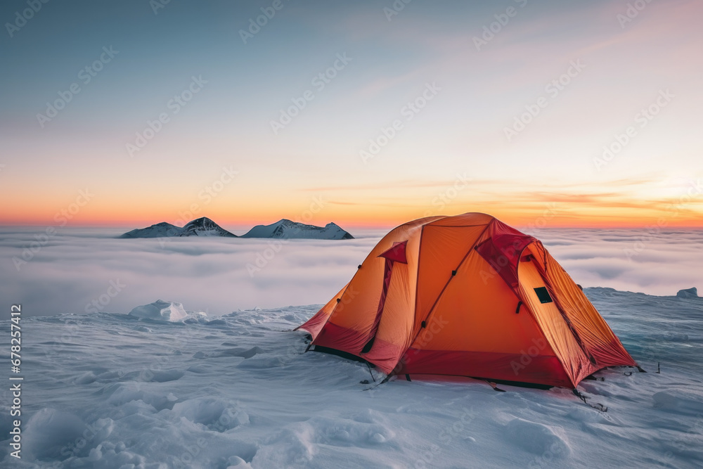 Poster tent pitched on icy summit at dusk background with empty space for text