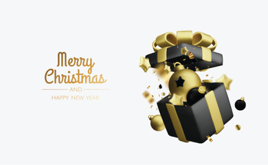 New Year or Christmas sales design template. Vector illustration. Winter background with decorative gift box and gold stars