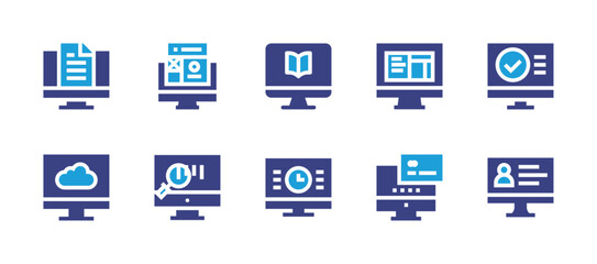 Computer screen icon set. Duotone color. Vector illustration. Containing computer, time, user, web design, html, search, online payment.