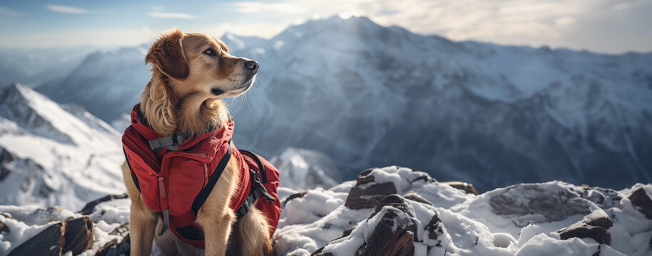 Rescue dog sniffing in snow for avalanche victims background with empty space for text 