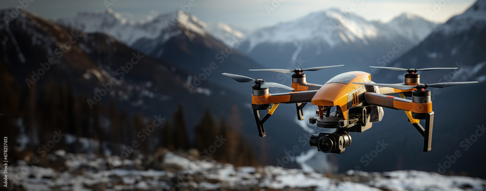 Aufkleber drone soaring above ice-covered peak for rescue background with empty space for text