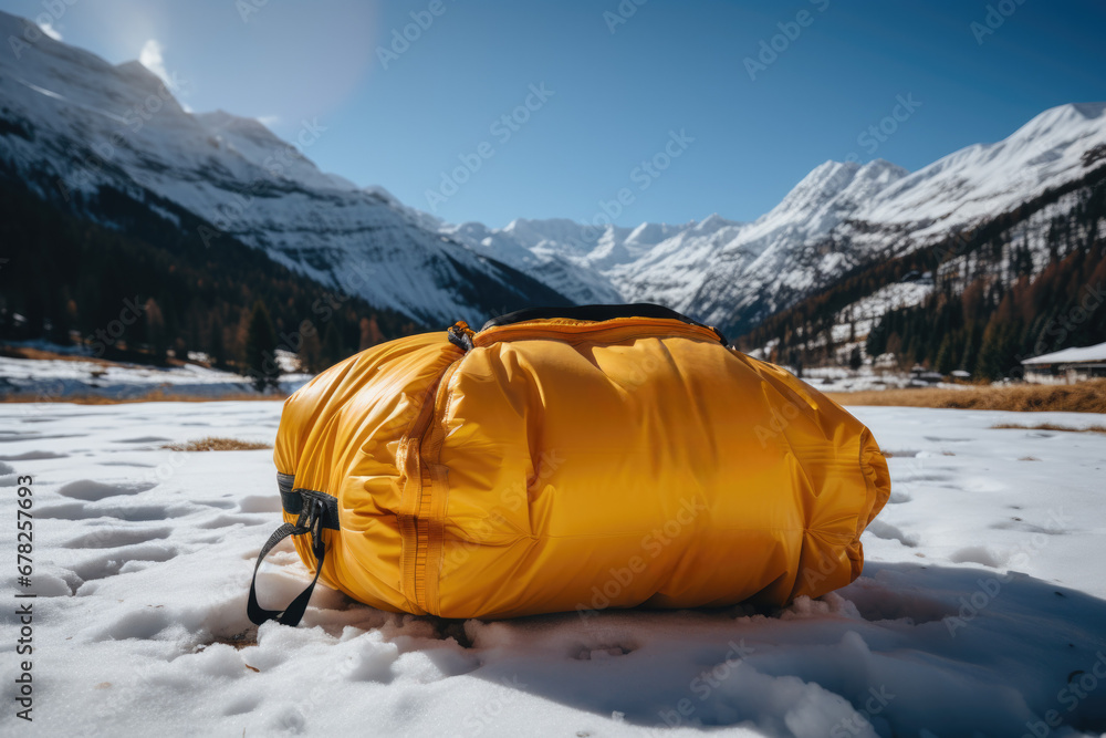 Aufkleber avalanche airbag inflated for alpine rescue demonstration background with empty space for text