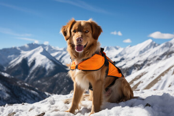Determined rescue dog trained in locating missing persons in snowy Alpine  - obrazy, fototapety, plakaty
