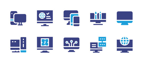 Computer screen icon set. Duotone color. Vector illustration. Containing computer, device, desktop, personal computer, pc, global, appointment, graphic design, clock, data server.