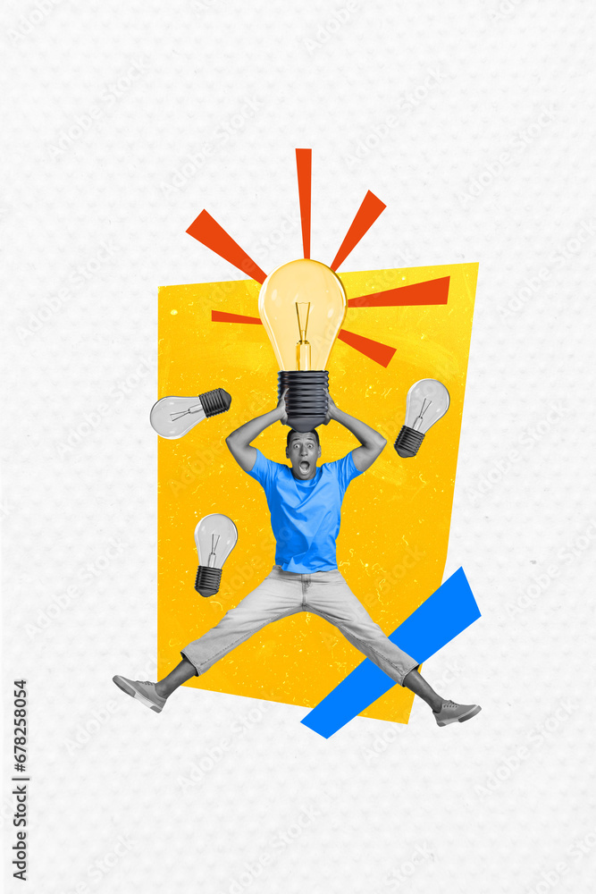 Poster Composite collage image of young man jumping excited have fun brilliant idea electric bulb surrealism template metaphor artwork concept