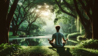 森の中でのヨガをする若い男性